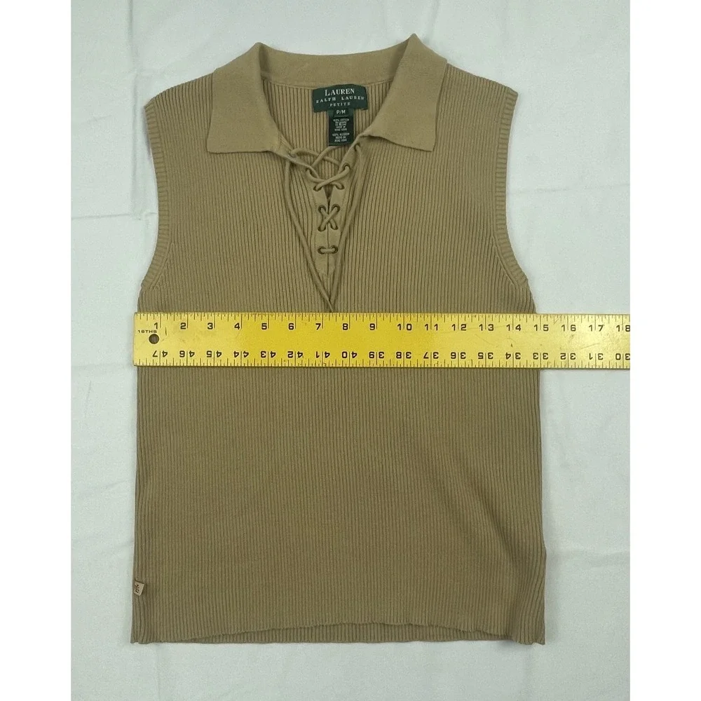 LAUREN RALPH LAUREN PETITE P/M RIB KNIT SLEEVELESS LACE UP SWEETER BEIGE COTTON